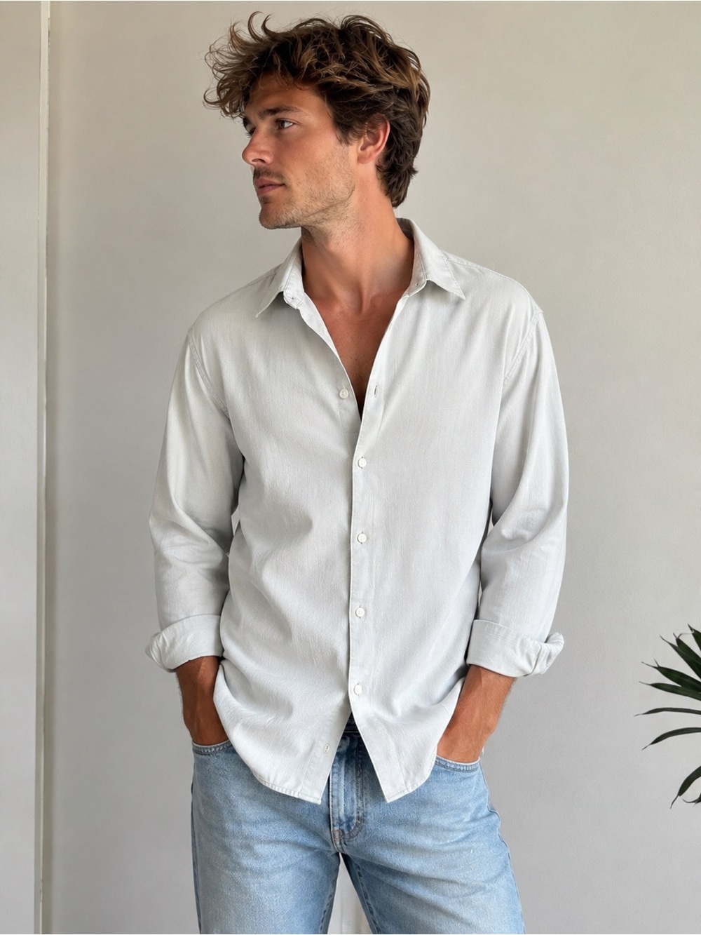 ZARA Men Regular Fit Light Sage Button-Up Shirt Size M